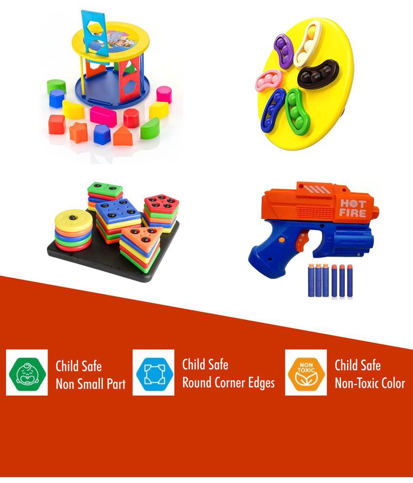     			RAINBOW RIDERS Combo of 4 ( Sorting Cylinder + Spin + Stacker + Champ Soft Blaster Gun With Soft Foam Bullets)  Baby Activity Toy - Sorting & Stacking Educational Toy - Shapes & Colour Recognition for Boys Girls Age 2 3 4 5 6+ Years (Plastic, Multicolour)