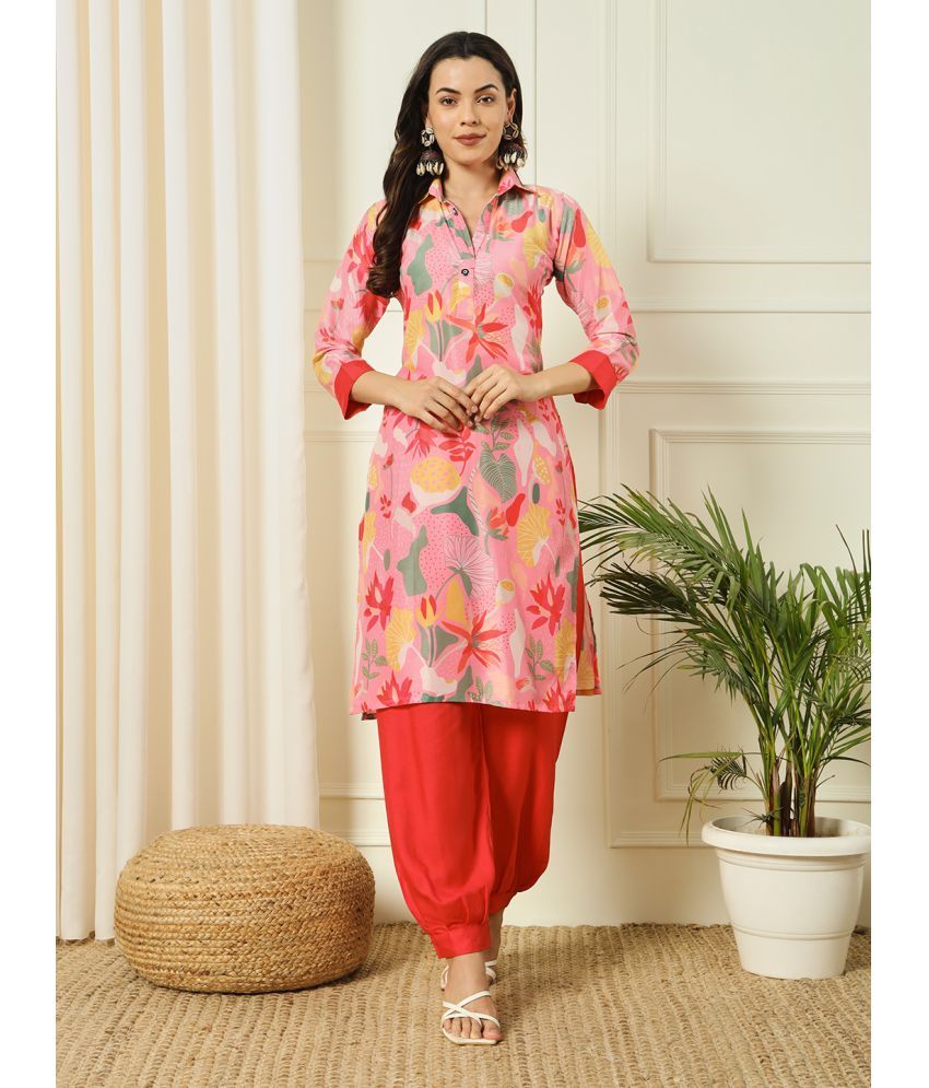     			gufrina Polyester Printed Kurti With Pants Women's Stitched Salwar Suit - Peach ( Pack of 1 )