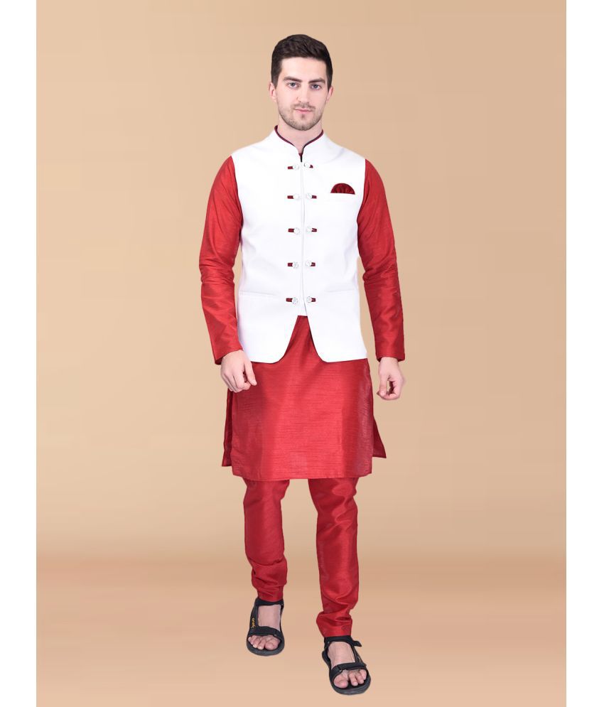     			PRINTCULTR Red Silk Regular Fit Men's Kurta Pyjama Set ( Pack of 1 )