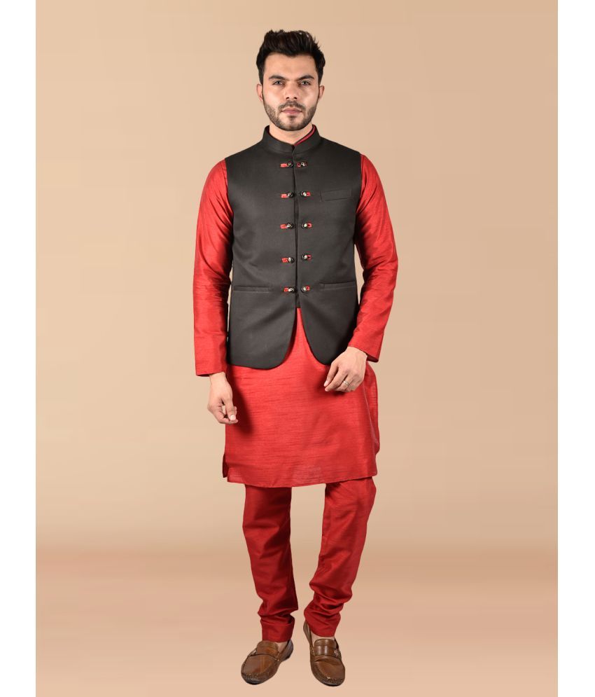     			PRINTCULTR Red Silk Regular Fit Men's Kurta Pyjama Set ( Pack of 1 )