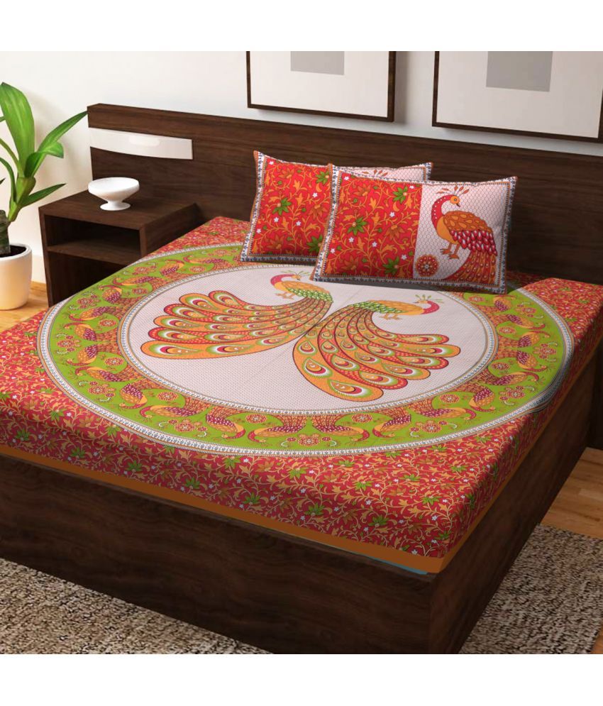     			Poorak Cotton Abstract Printed 1 Double Bedsheet with 2 Pillow Covers - Orange