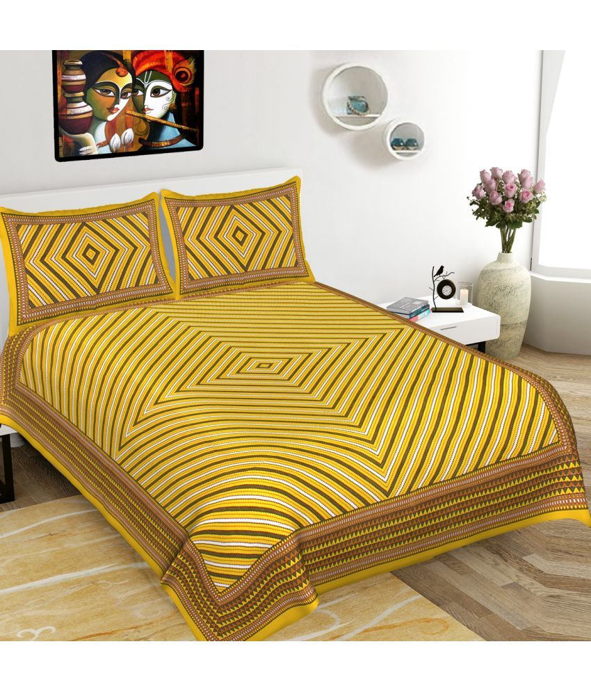     			Poorak Cotton Abstract Printed 1 Double Bedsheet with 2 Pillow Covers - Yellow