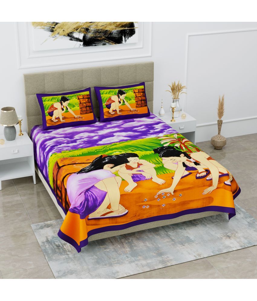     			Poorak Cotton Abstract Printed 1 Double Bedsheet with 2 Pillow Covers - Purple