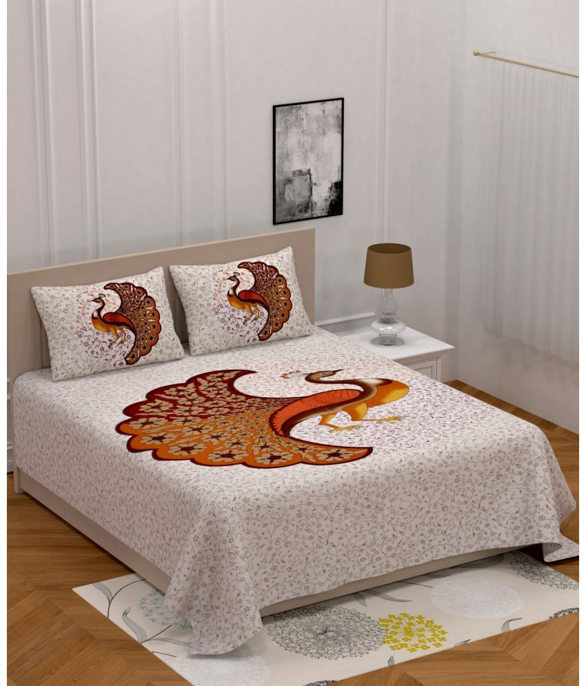     			Poorak Cotton Abstract Printed 1 Double Bedsheet with 2 Pillow Covers - Orange