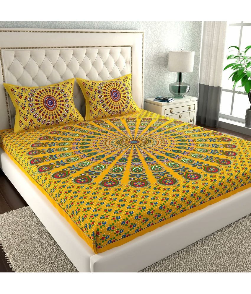     			Poorak Cotton Abstract Printed 1 Double Bedsheet with 2 Pillow Covers - Yellow