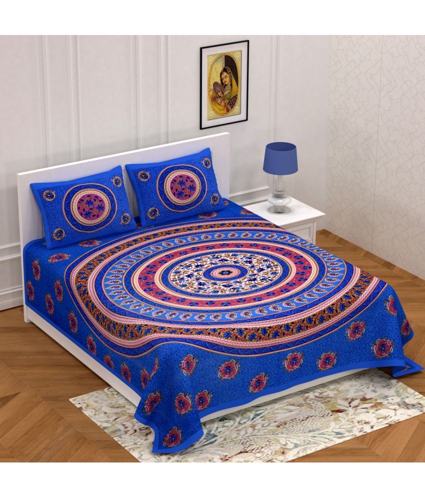     			Poorak Cotton Abstract Printed 1 Double Bedsheet with 2 Pillow Covers - Blue