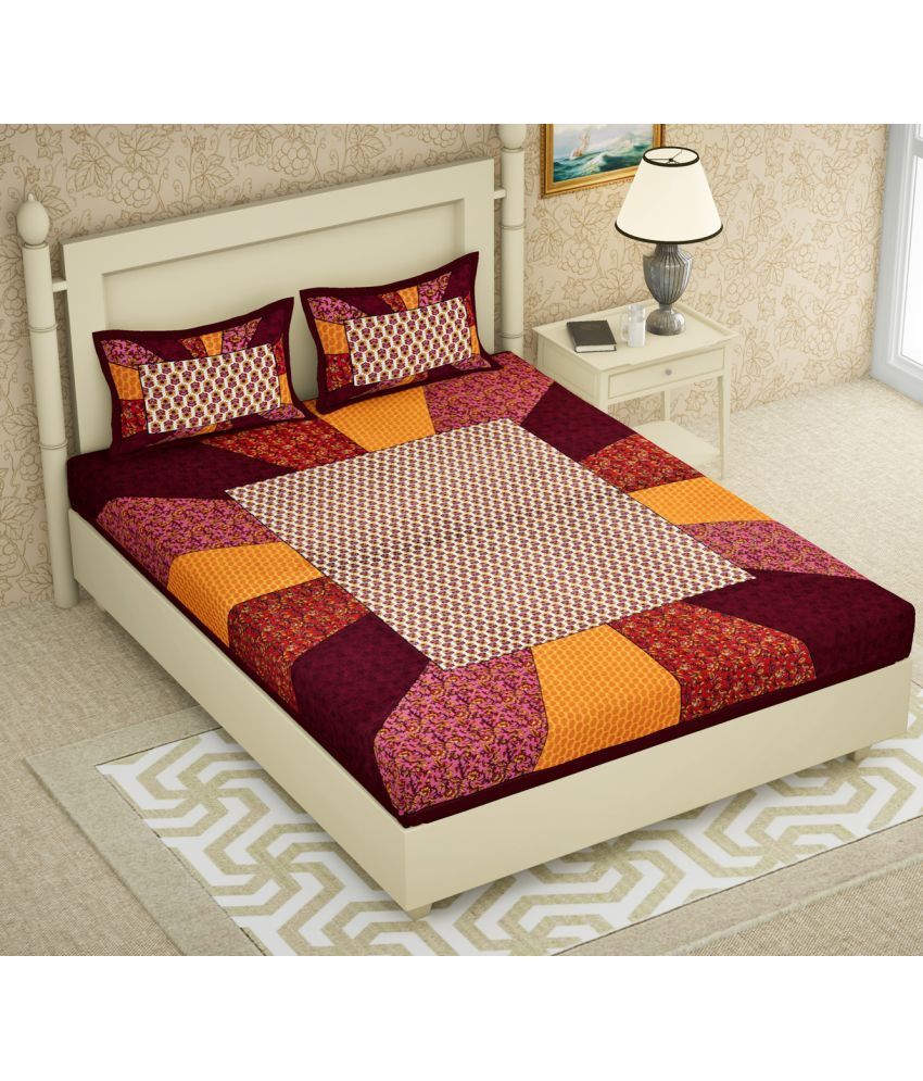     			Poorak Cotton Abstract Printed 1 Double Bedsheet with 2 Pillow Covers - Maroon