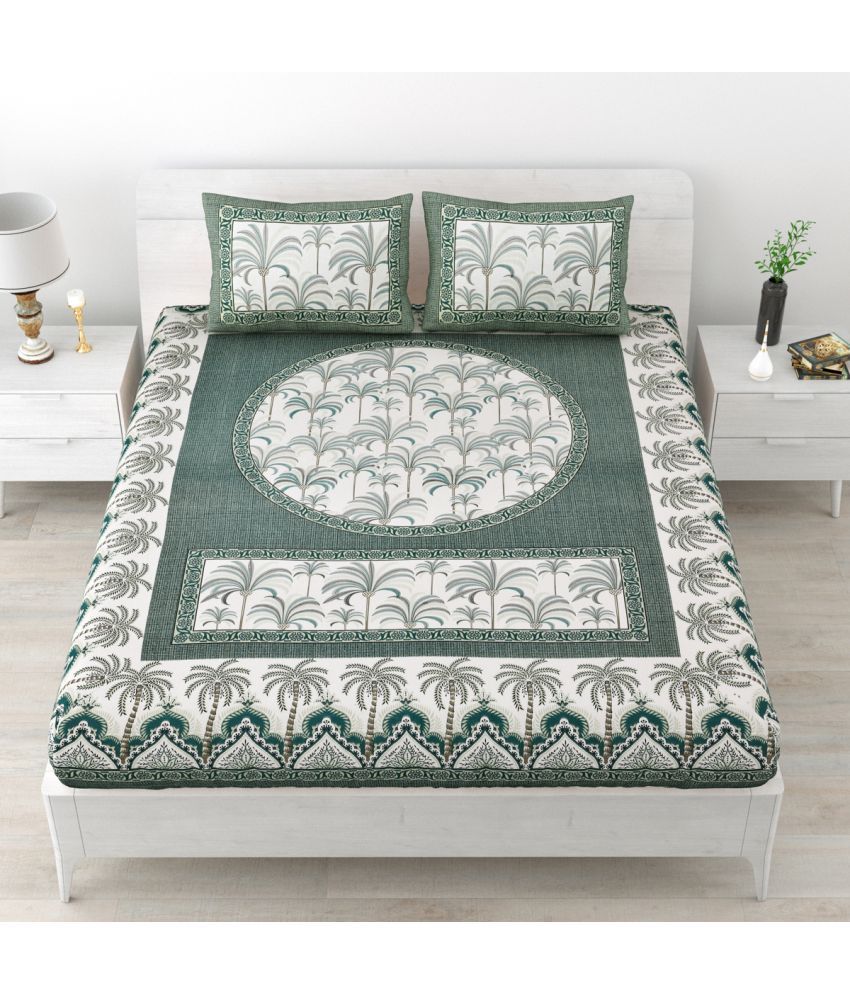     			Poorak Cotton Abstract Printed 1 Double Bedsheet with 2 Pillow Covers - Green