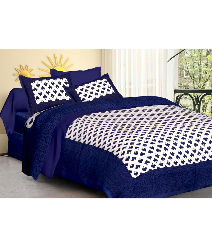    			Poorak Cotton Abstract Printed 1 Double Bedsheet with 2 Pillow Covers - Blue