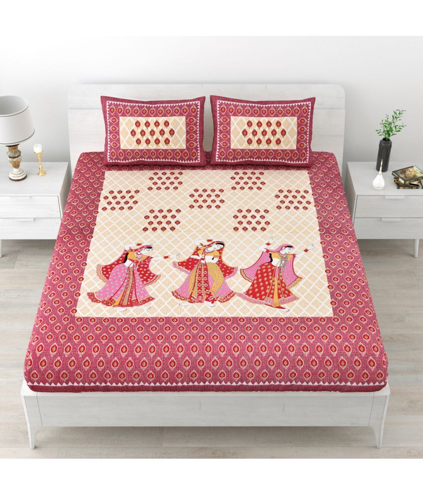     			Poorak Cotton Abstract Printed 1 Double Bedsheet with 2 Pillow Covers - Red