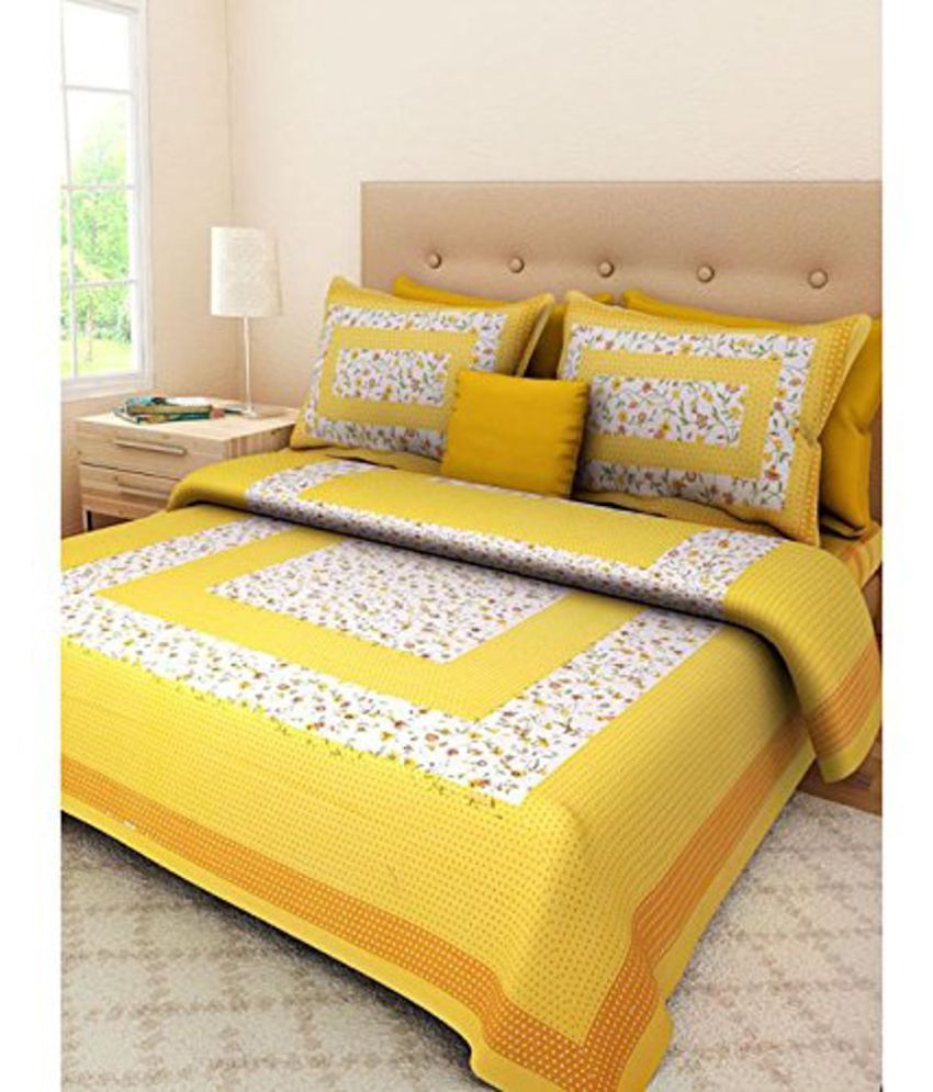     			Poorak Cotton Abstract Printed 1 Double Bedsheet with 2 Pillow Covers - Yellow