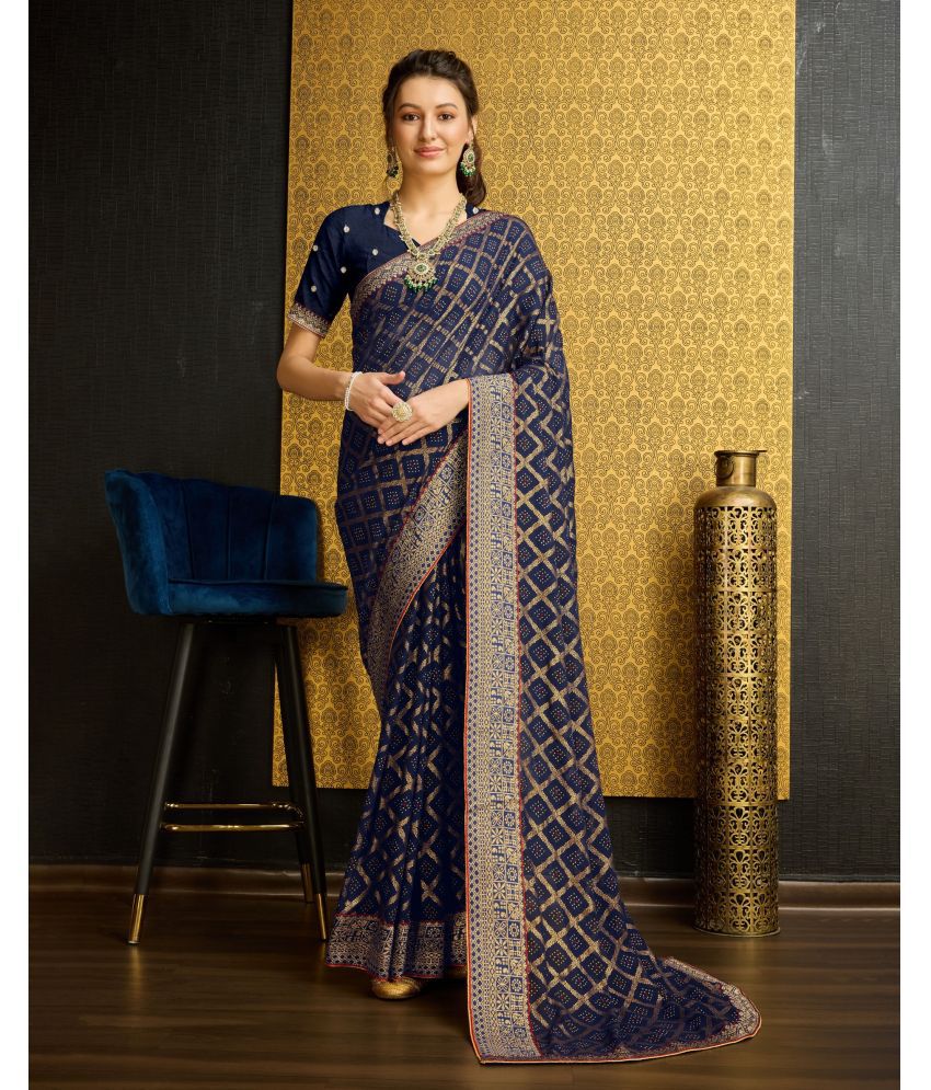     			Rekha Maniyar Georgette Printed Saree With Blouse Piece - Navy Blue ( Pack of 1 )