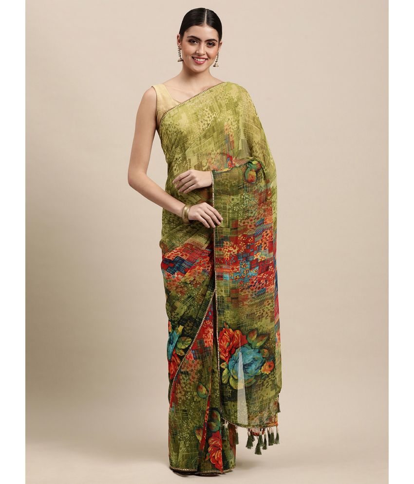     			Rekha Maniyar Georgette Printed Saree With Blouse Piece - Olive ( Pack of 1 )