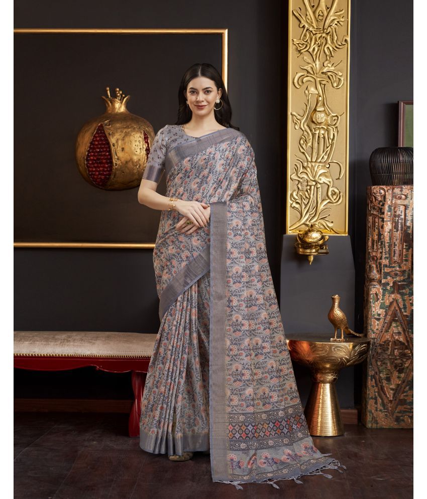     			Rekha Maniyar Silk Printed Saree With Blouse Piece - Grey ( Pack of 1 )