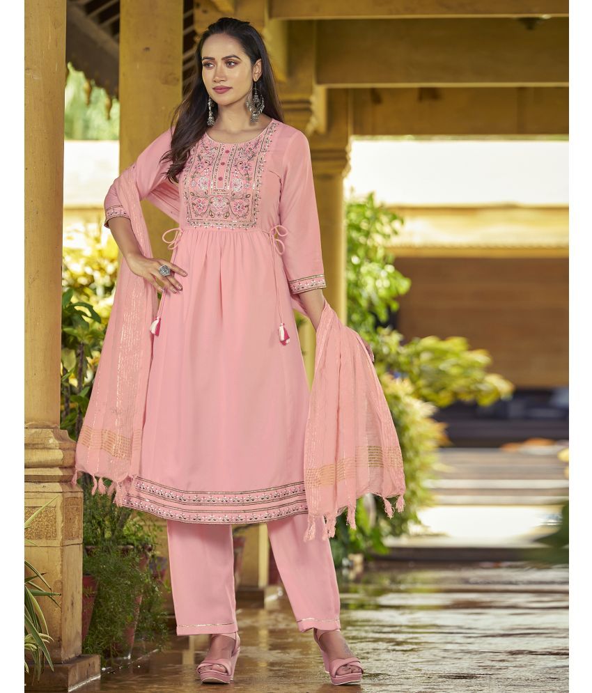     			Skylee Rayon Embroidered Kurti With Pants Women's Stitched Salwar Suit - Peach ( Pack of 1 )