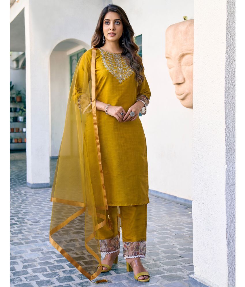     			Skylee Silk Embroidered Kurti With Pants Women's Stitched Salwar Suit - Mustard ( Pack of 1 )