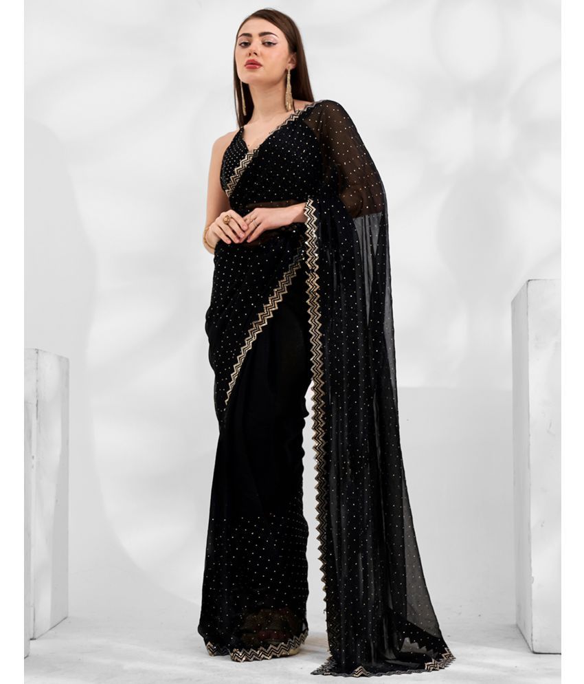     			Satrani Chiffon Embellished Saree With Blouse Piece - Black ( Pack of 1 )