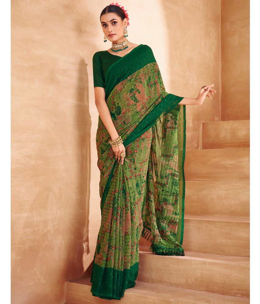     			Satrani Georgette Embellished Saree With Blouse Piece - Green ( Pack of 1 )