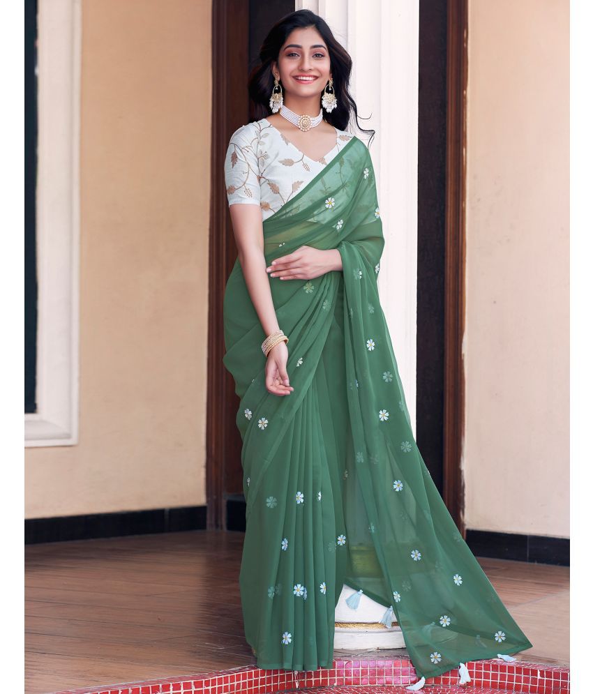     			Satrani Georgette Embroidered Saree With Blouse Piece - Green ( Pack of 1 )