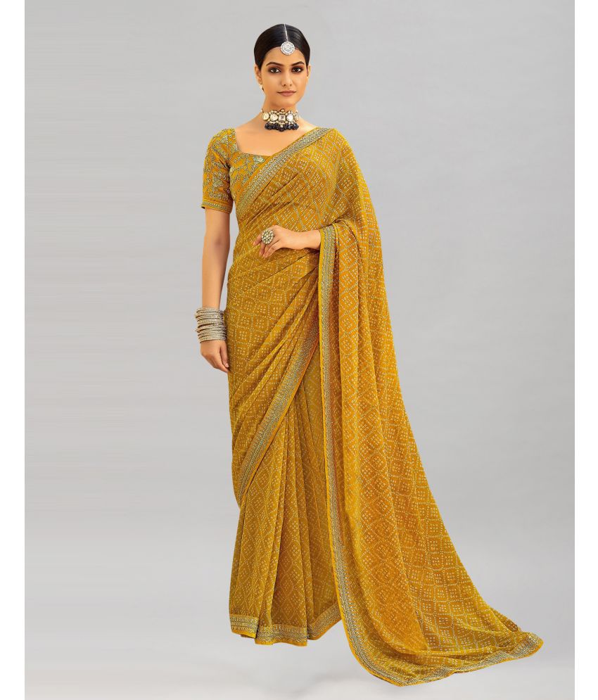     			Satrani Georgette Printed Saree With Blouse Piece - Mustard ( Pack of 1 )