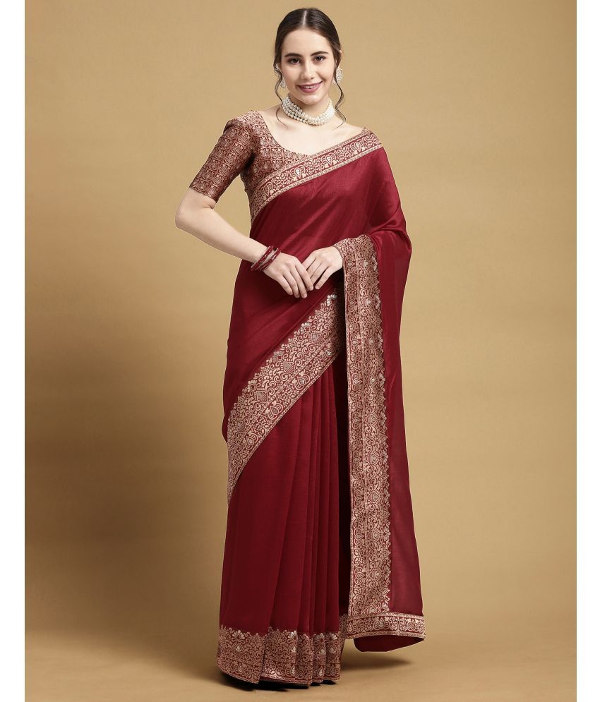     			Satrani Silk Blend Woven Saree With Blouse Piece - Maroon ( Pack of 1 )