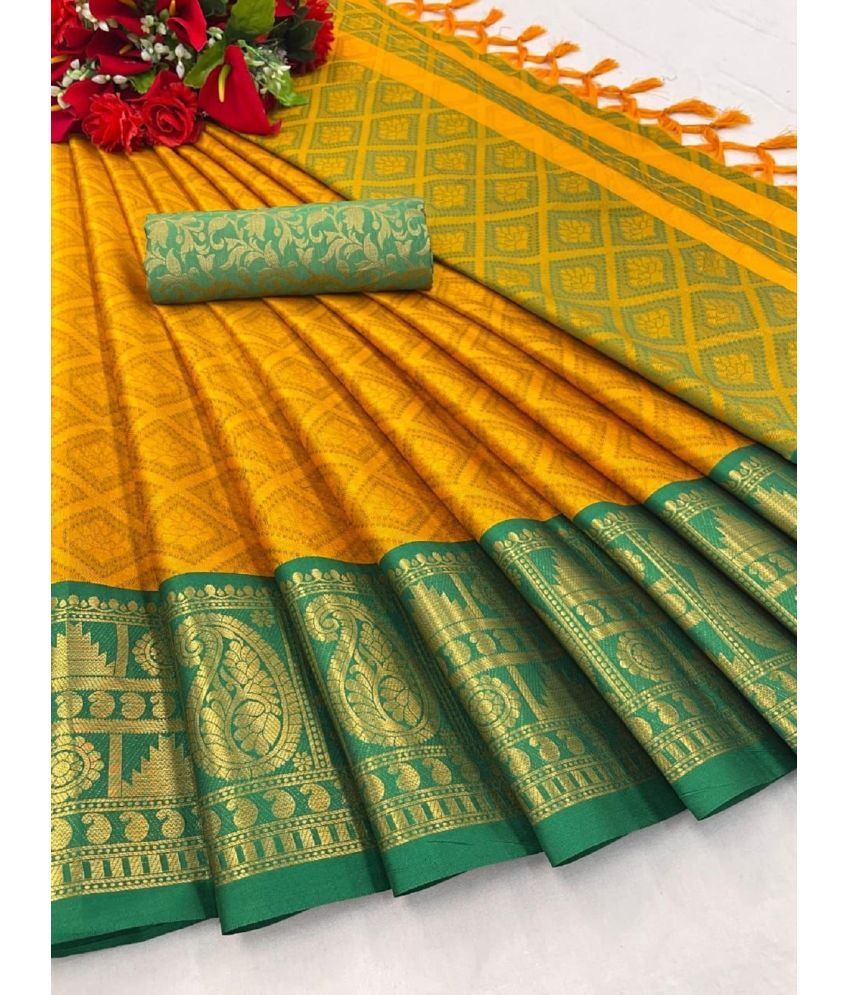     			Apnisha Banarasi Silk Embellished Saree With Blouse Piece - Yellow ( Pack of 1 )