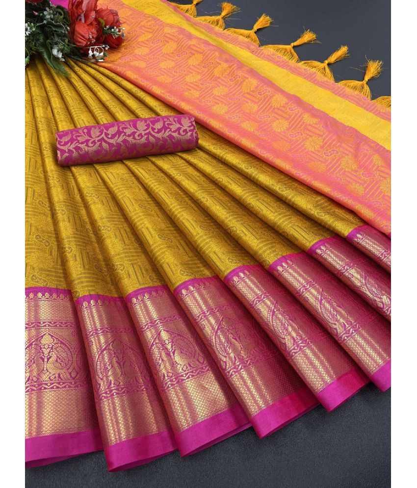     			Apnisha Banarasi Silk Embellished Saree With Blouse Piece - Yellow ( Pack of 1 )