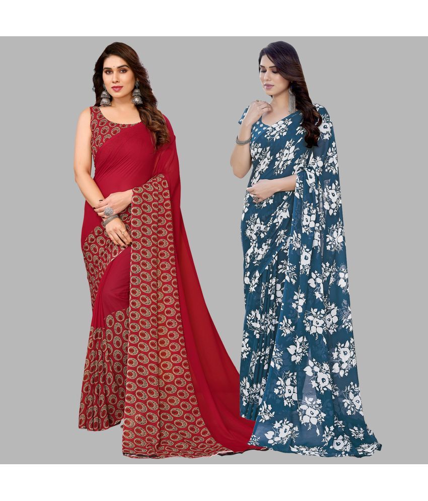     			Kashvi Sarees Georgette Printed Saree With Blouse Piece - Multicolour ( Pack of 2 )