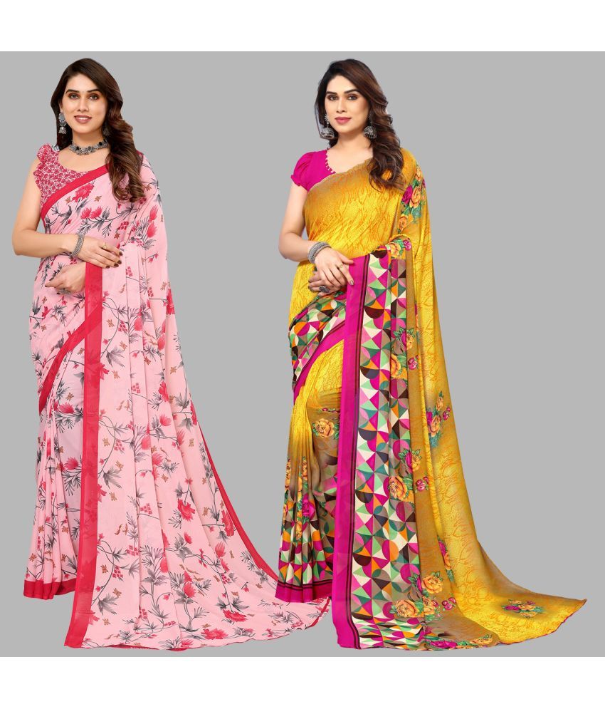     			Kashvi Sarees Georgette Printed Saree With Blouse Piece - Multicolour ( Pack of 2 )