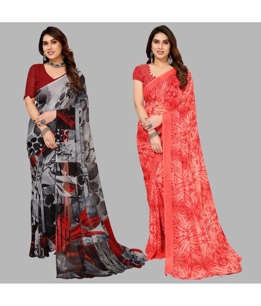     			Kashvi Sarees Georgette Printed Saree With Blouse Piece - Multicolour ( Pack of 2 )