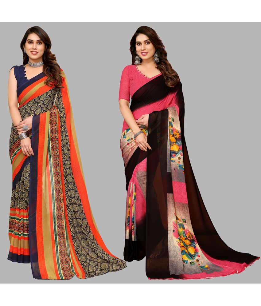     			Kashvi Sarees Georgette Printed Saree With Blouse Piece - Multicolour ( Pack of 2 )