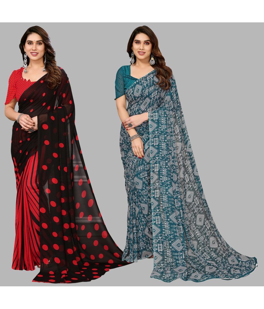     			Kashvi Sarees Georgette Printed Saree With Blouse Piece - Multicolour ( Pack of 2 )