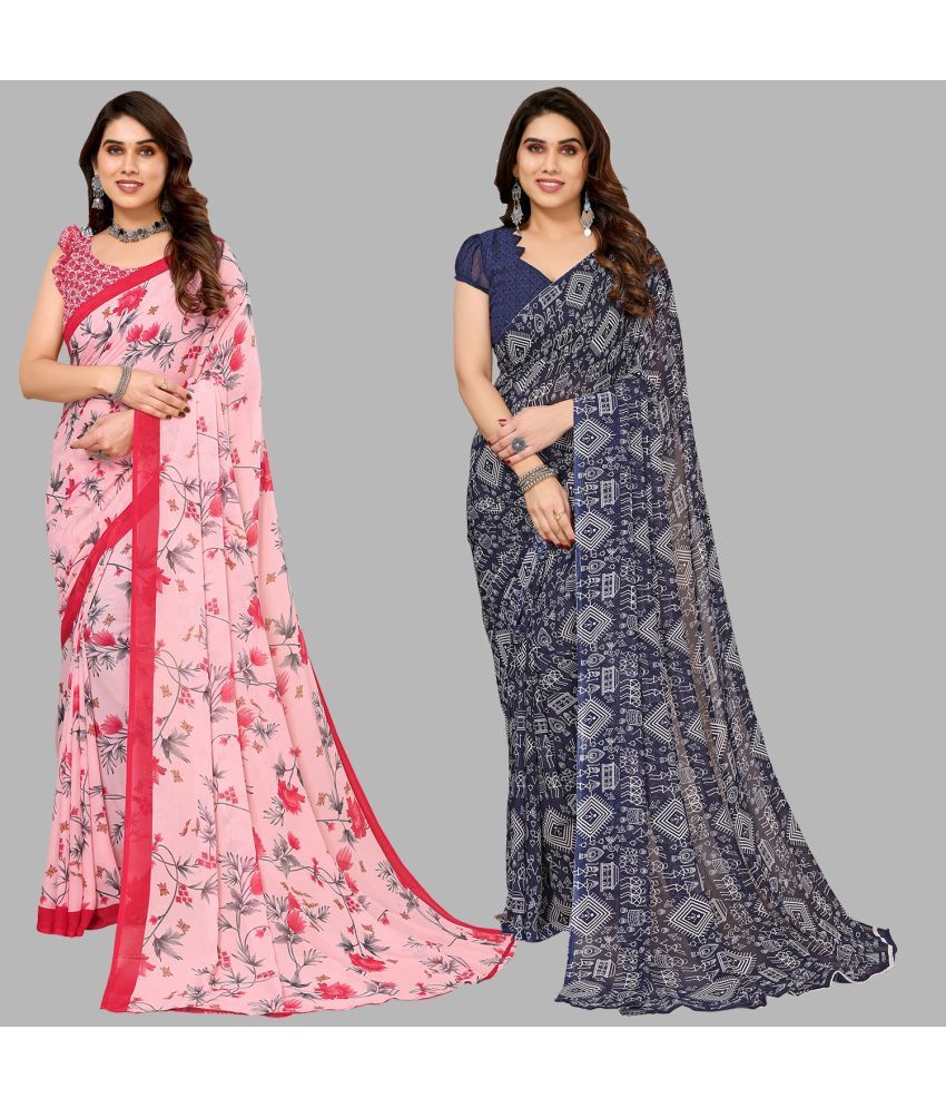     			Kashvi Sarees Georgette Printed Saree With Blouse Piece - Multicolour ( Pack of 2 )