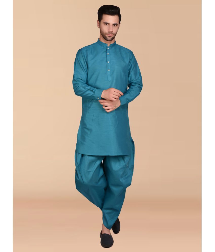     			PRINTCULTR Blue Silk Regular Fit Men's Dhoti Kurta Set ( Pack of 1 )