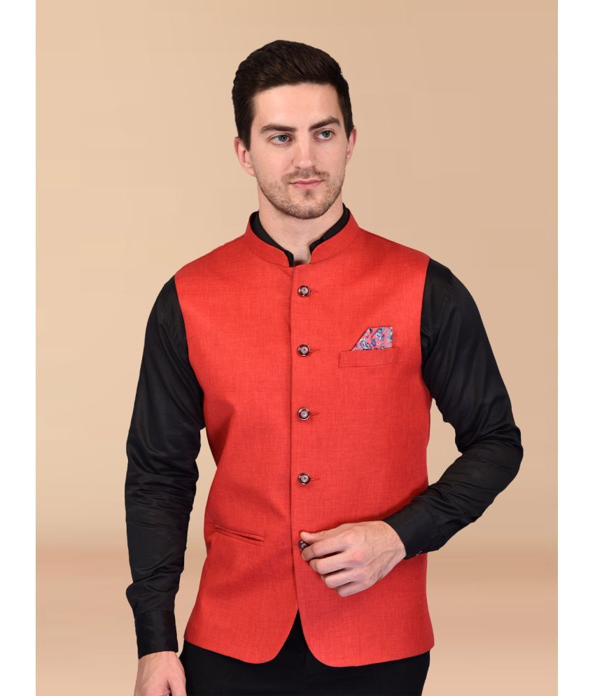     			PRINTCULTR Red Cotton Blend Men's Nehru Jacket ( Pack of 1 )