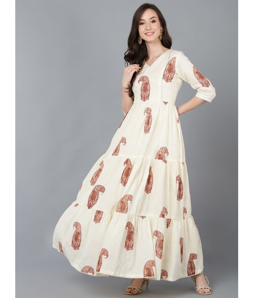     			Vaamsi Cotton Printed Full Length Women's Fit & Flare Dress - Cream ( Pack of 1 )