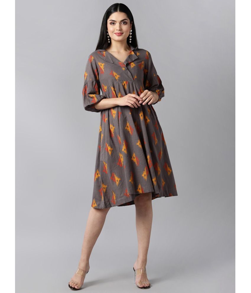     			Vaamsi Cotton Printed Knee Length Women's Fit & Flare Dress - Brown ( Pack of 1 )