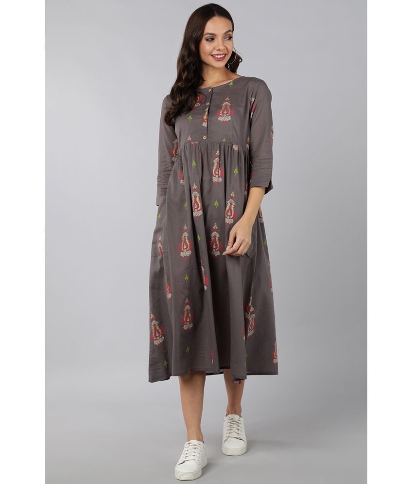     			Vaamsi Cotton Printed Midi Women's A-line Dress - Grey ( Pack of 1 )