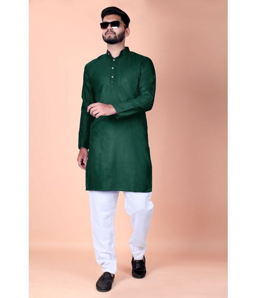     			Reyansh Dark Green Cotton Blend Regular Fit Men's Kurta Pyjama Set ( Pack of 1 )