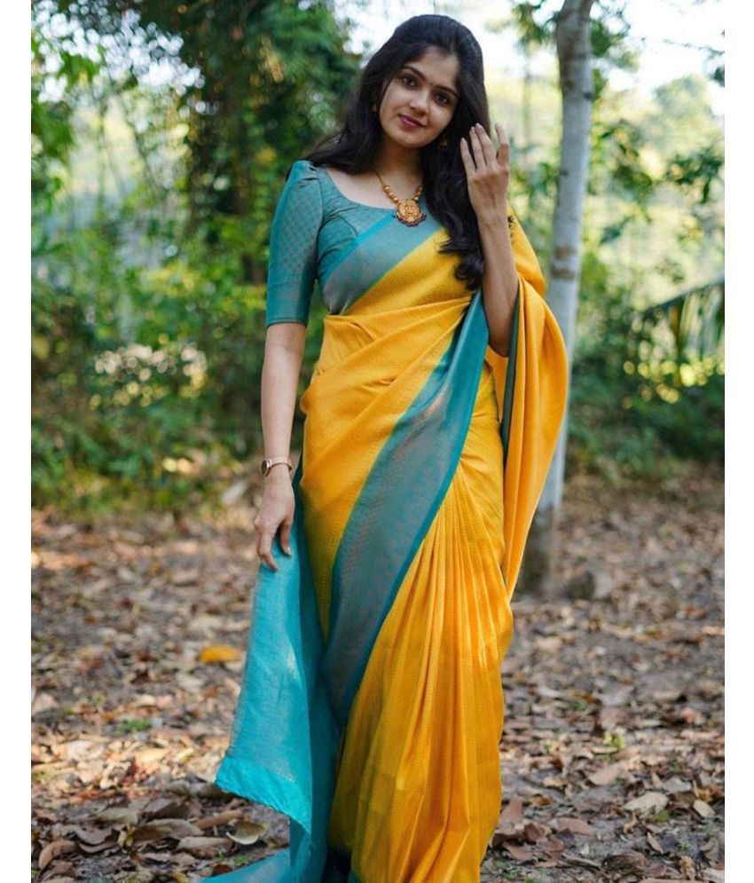     			Samah Art Silk Woven Saree With Blouse Piece - Yellow ( Pack of 1 )
