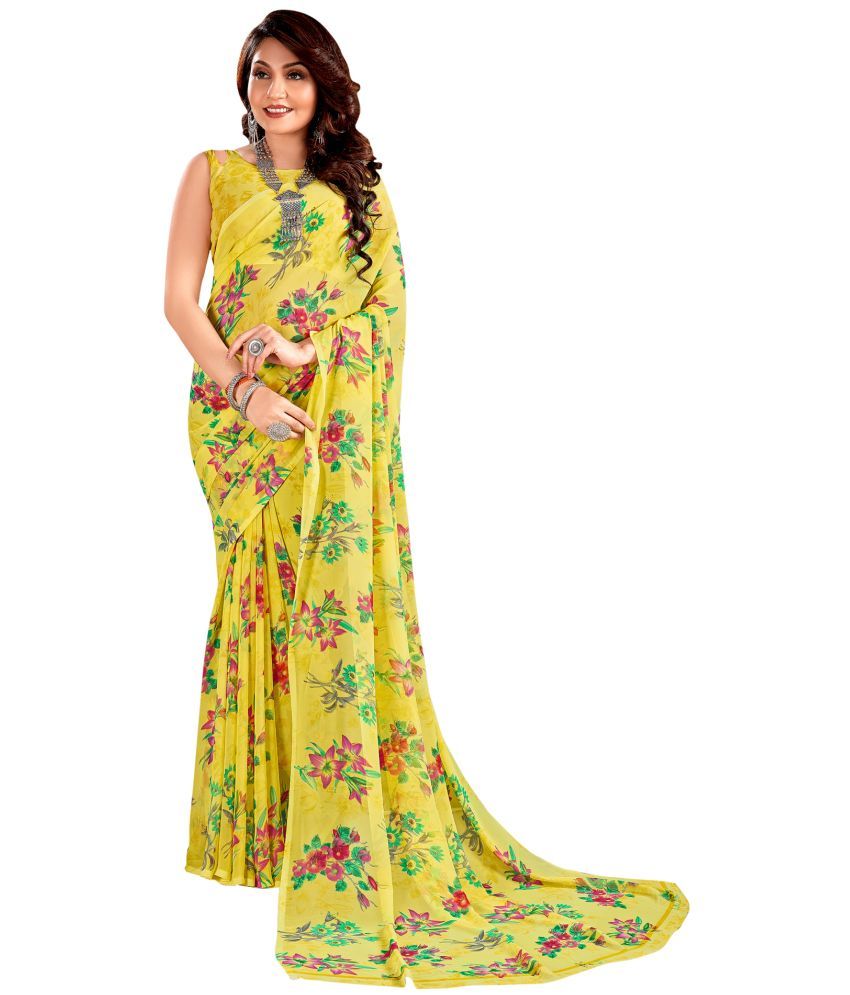     			Samah Georgette Printed Saree With Blouse Piece - Yellow ( Pack of 1 )