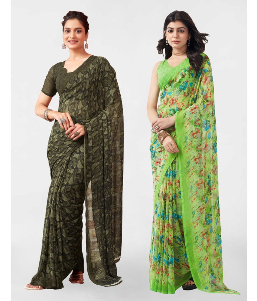     			Samah Georgette Printed Saree With Blouse Piece - Green ( Pack of 2 )