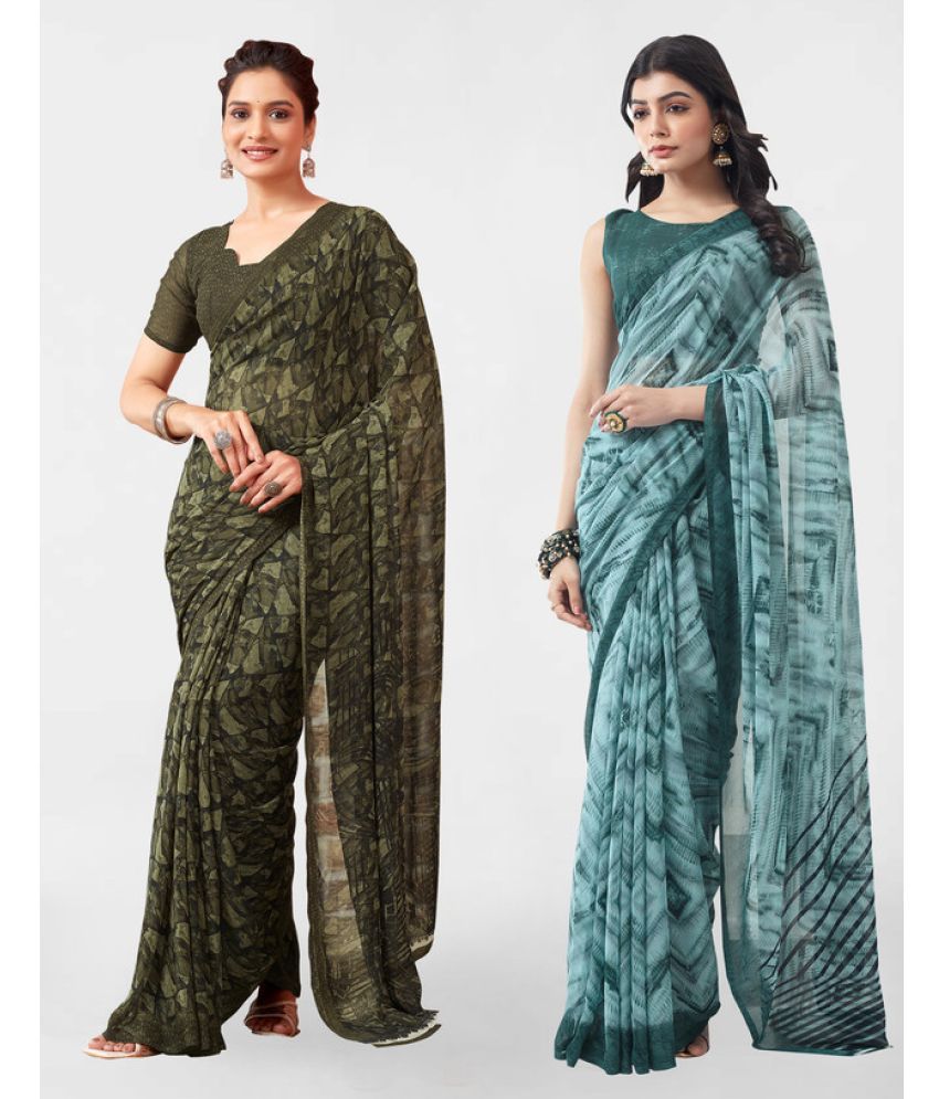     			Samah Georgette Printed Saree With Blouse Piece - Teal ( Pack of 2 )