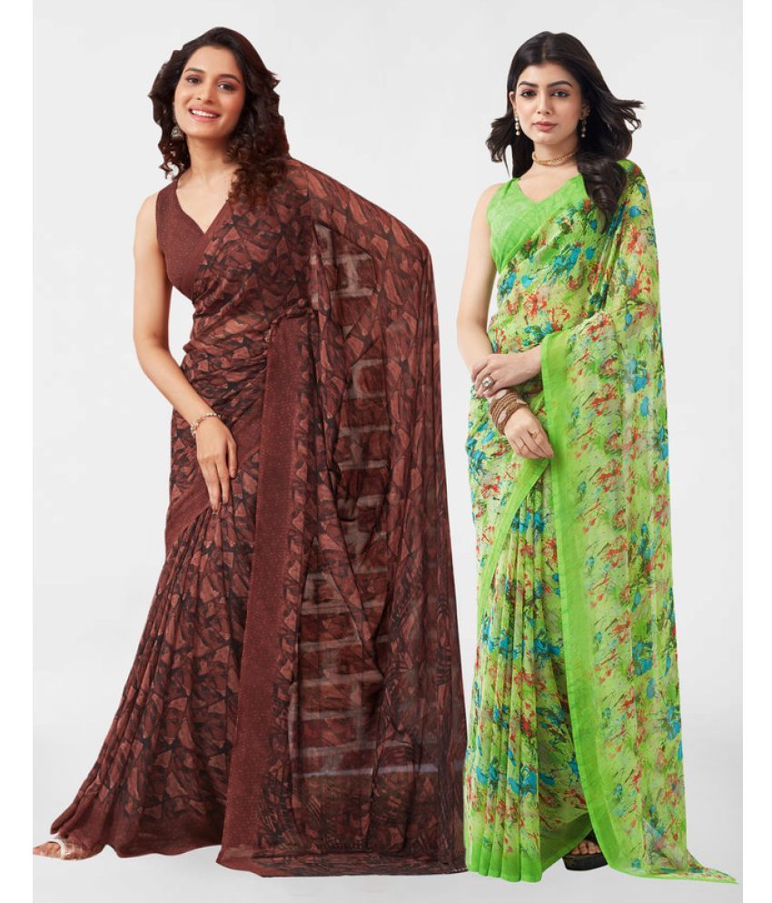     			Samah Georgette Printed Saree With Blouse Piece - Green ( Pack of 2 )