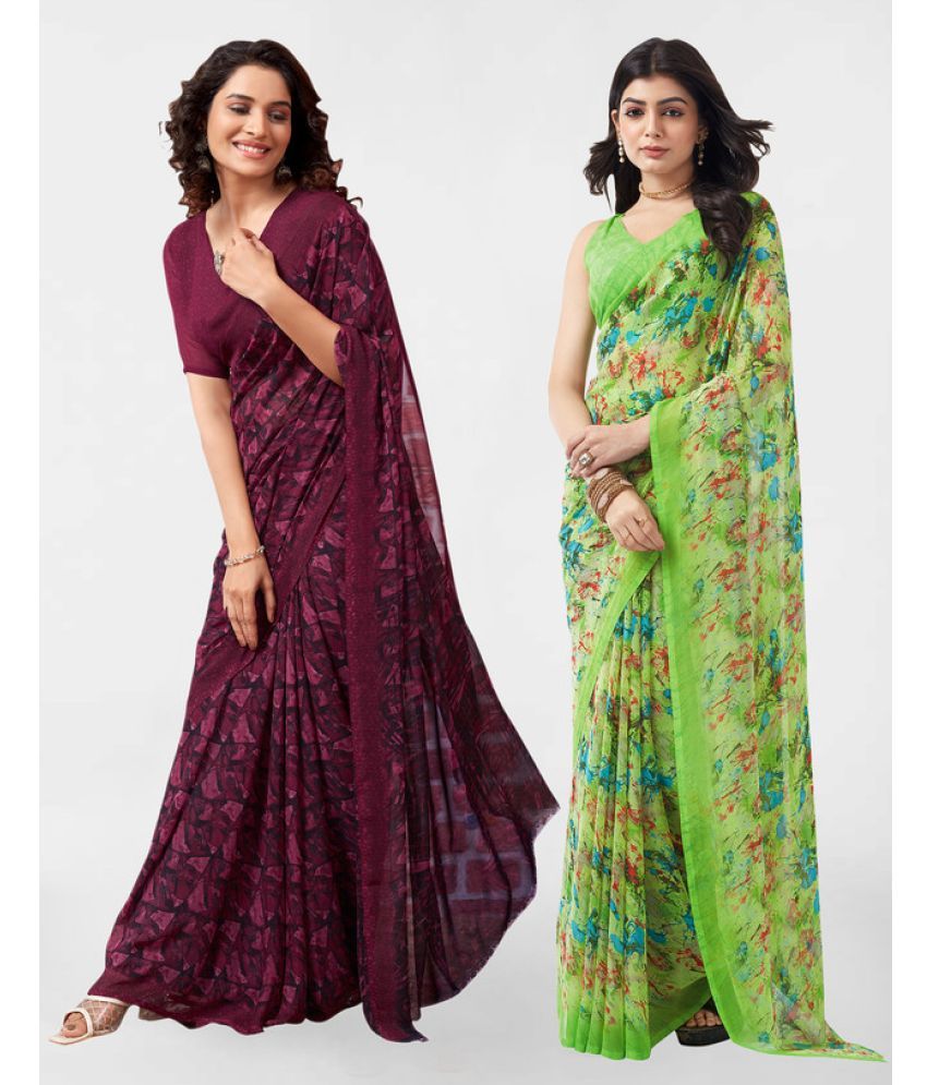     			Samah Georgette Printed Saree With Blouse Piece - Green ( Pack of 2 )