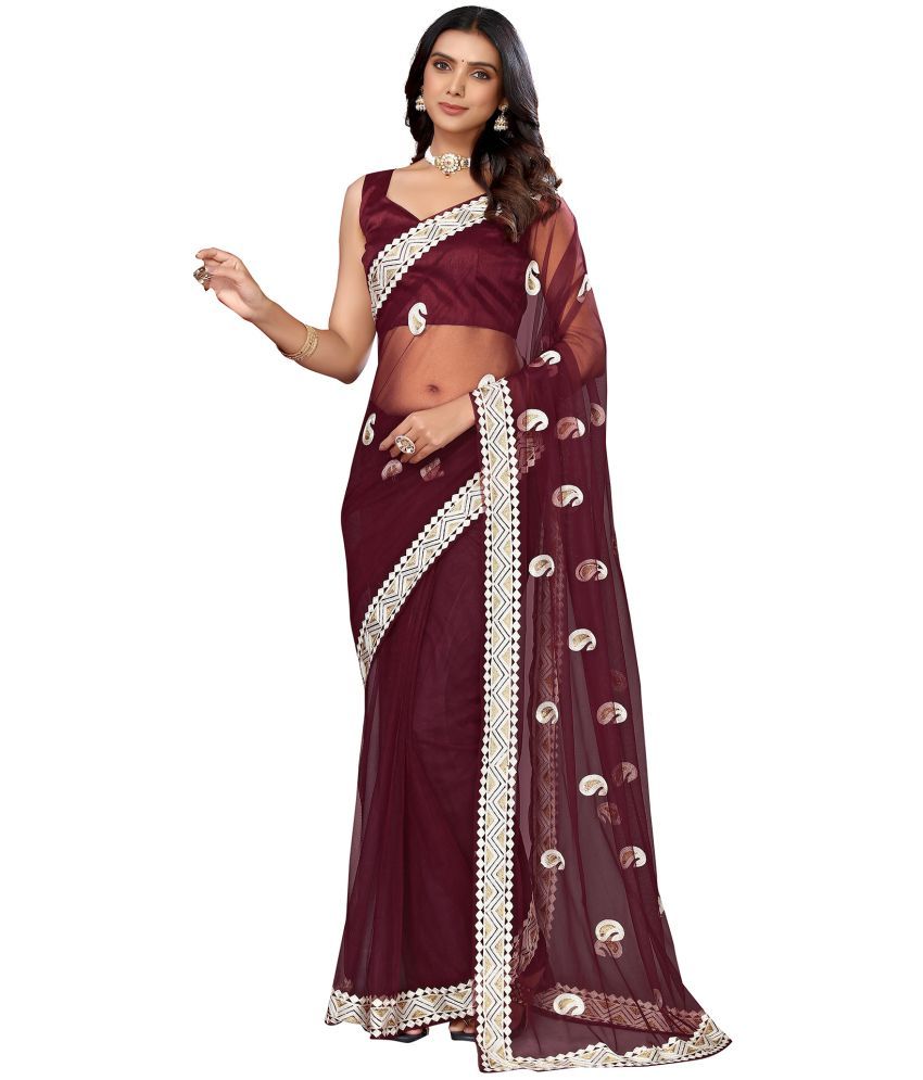     			Samah Net Embroidered Saree With Blouse Piece - Maroon ( Pack of 1 )