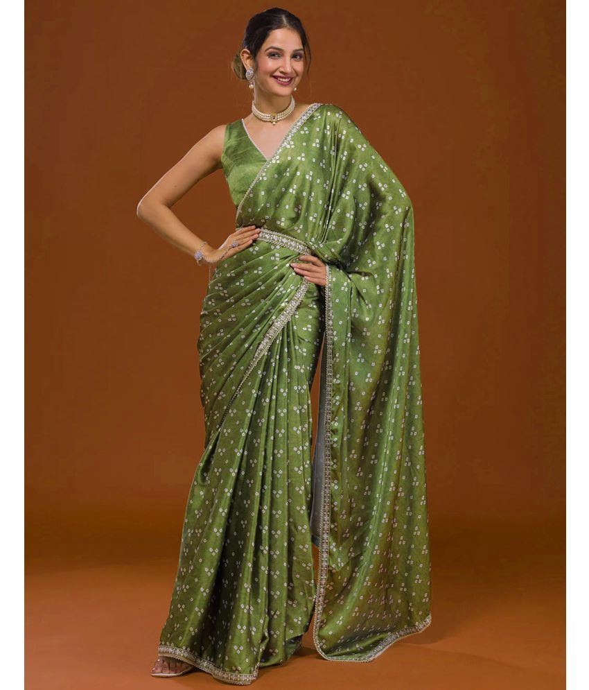     			Samah Silk Blend Printed Saree With Blouse Piece - Olive ( Pack of 1 )