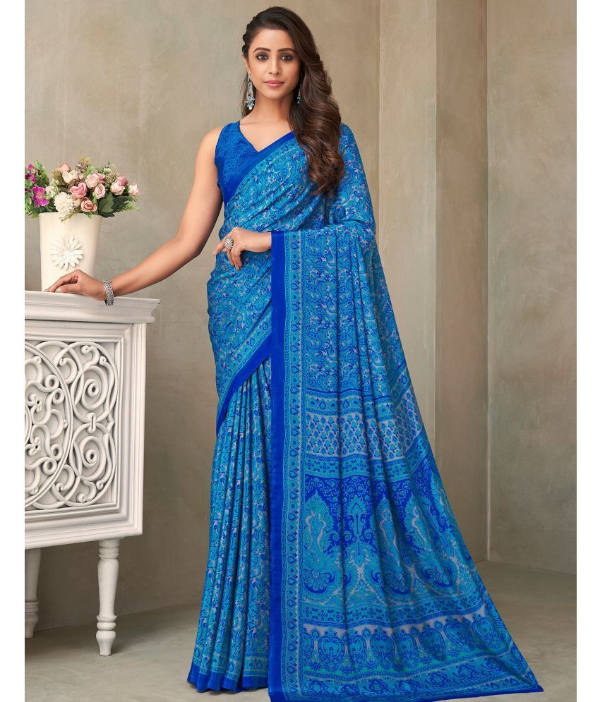     			Satrani Crepe Printed Saree With Blouse Piece - Blue ( Pack of 1 )