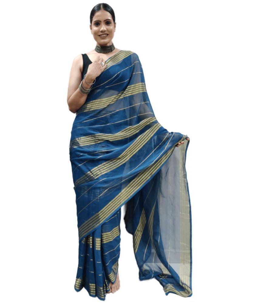     			Sidhidata Georgette Striped Saree With Blouse Piece - Rama ( Pack of 1 )