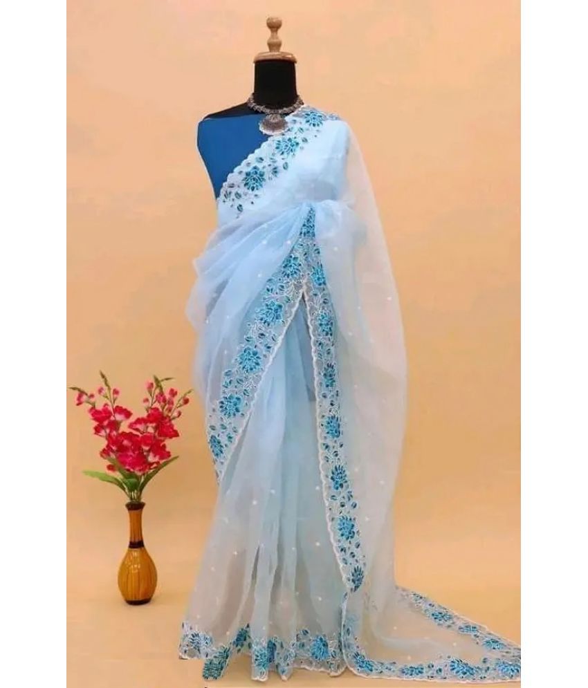     			A TO Z CART Net Embroidered Saree With Blouse Piece - Turquoise ( Pack of 1 )